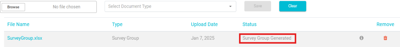 Image highlighting the status of uploaded file i.e Survey Group Generated