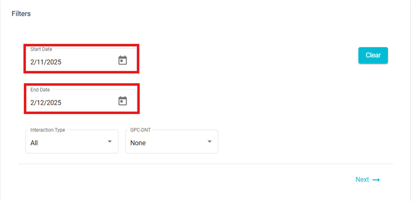 screenshot showing start and end date fields