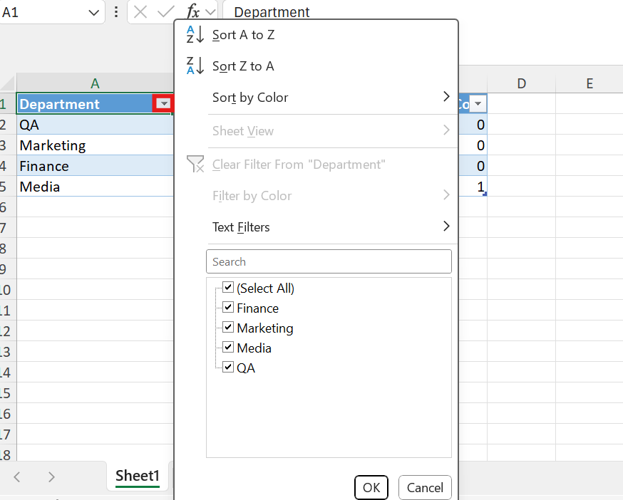 image showing how filtering can be done in excel for different fields