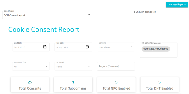 screenshot showing selected cookie consent report