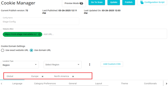 screenshot showing region configuration at cookie manager
