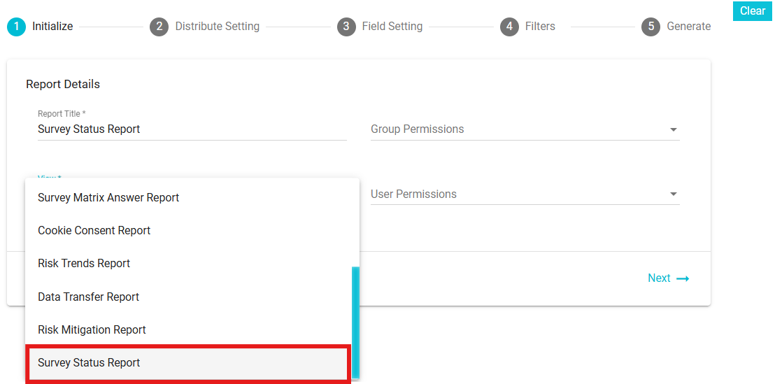 image displaying dropdown under view field allowing user to select Survey Status report